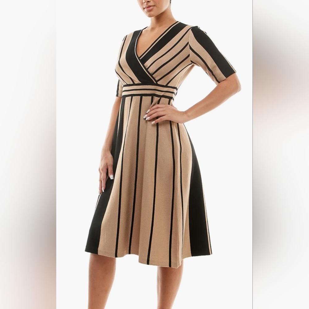 Nina Leonard Black and Tan Striped Dress